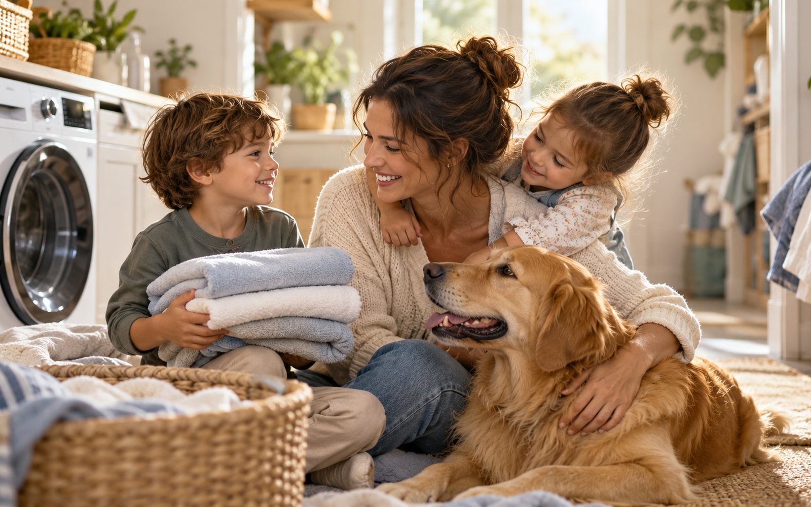 Mamma con due figli e un cane seduti a terra in lavanderia, con asciugamani piegati e un cesto di bucato